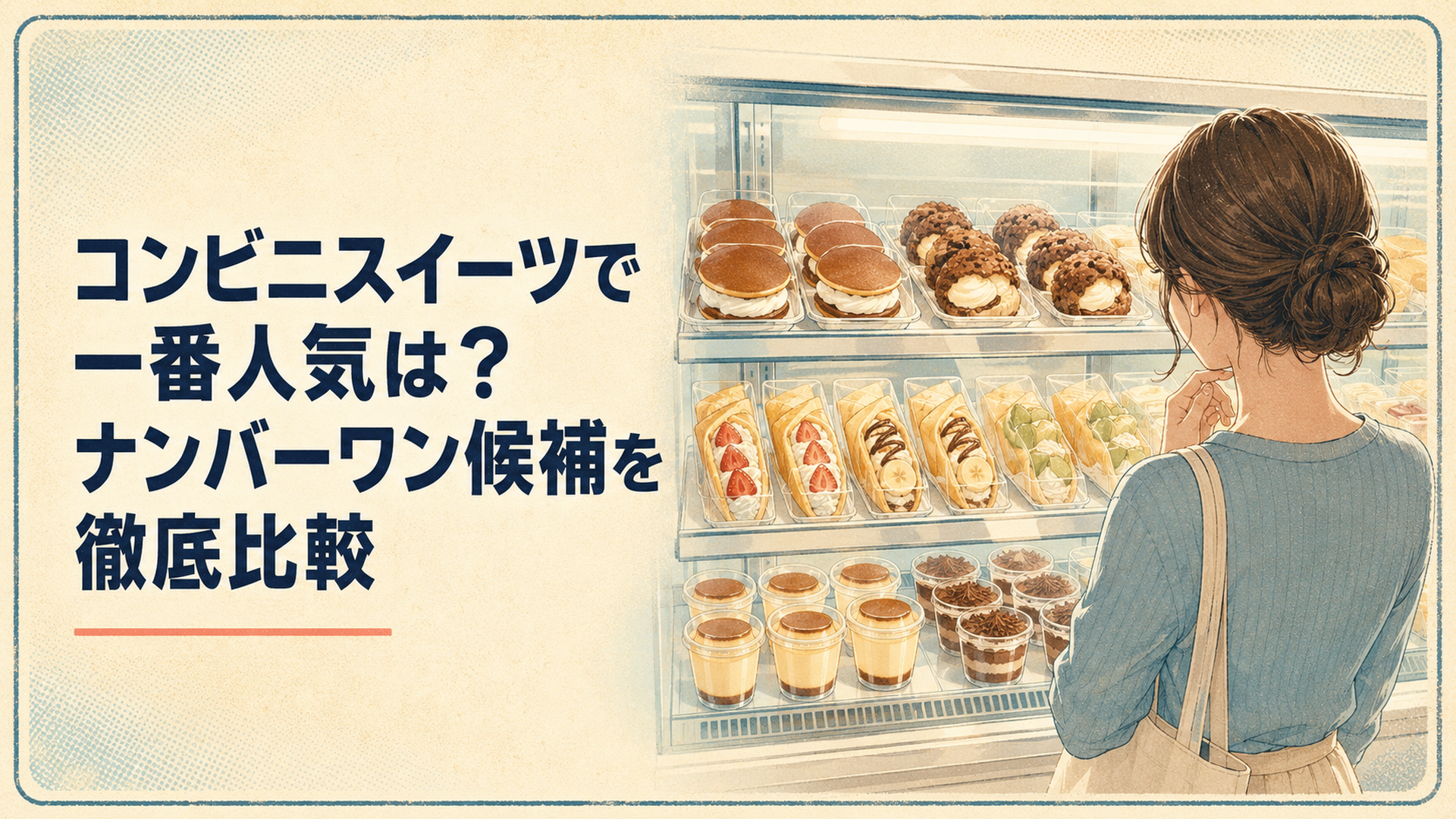 コンビニのスイーツ売り場でどらもっち、ショコラクッキーシュー、クレープ、プリンを見比べる落ち着いた大人の後ろ姿