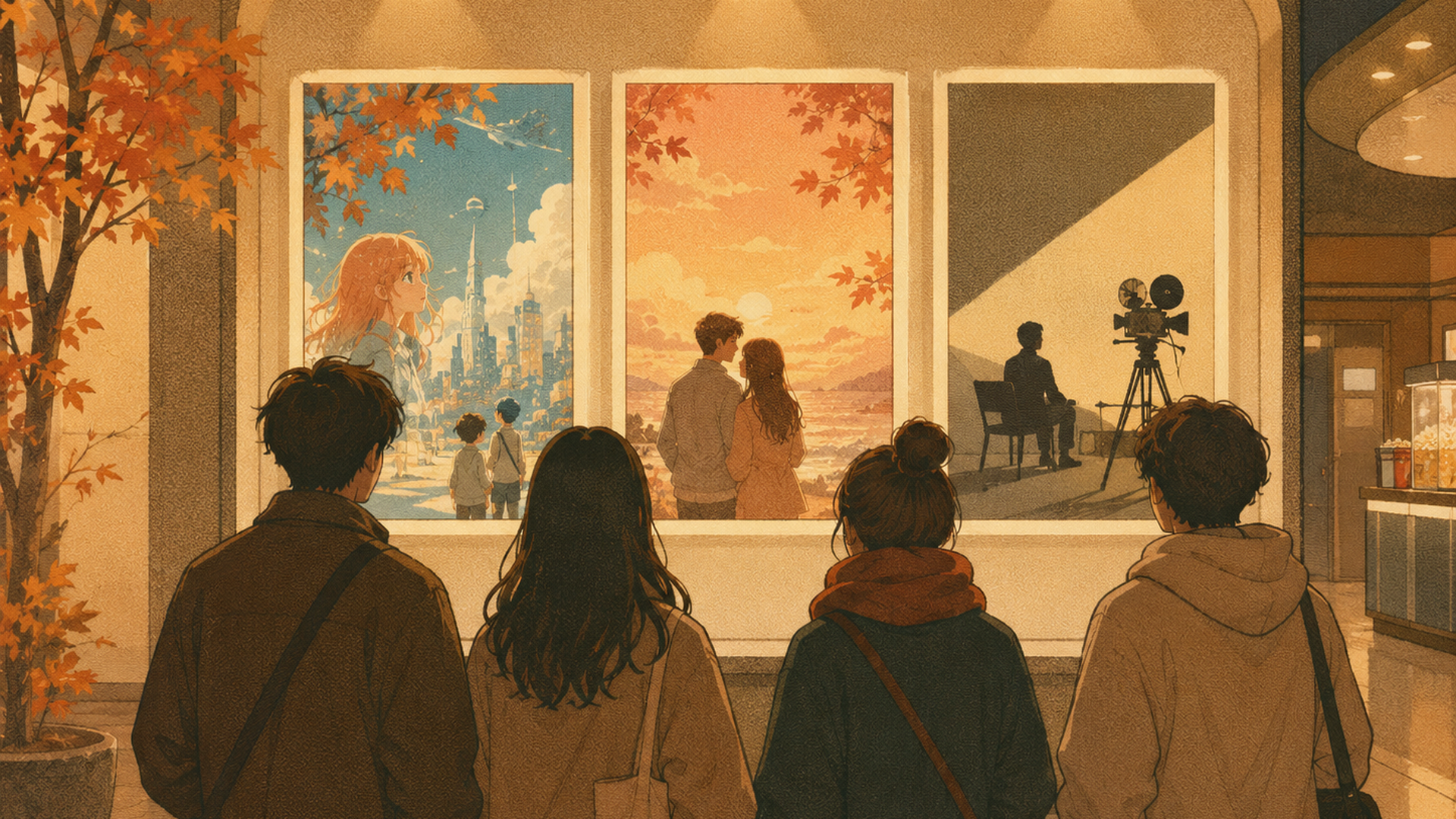 2026年下半期の映画上映予定表を見ながら7月から12月に観たい作品を選ぶ映画ファンの後ろ姿