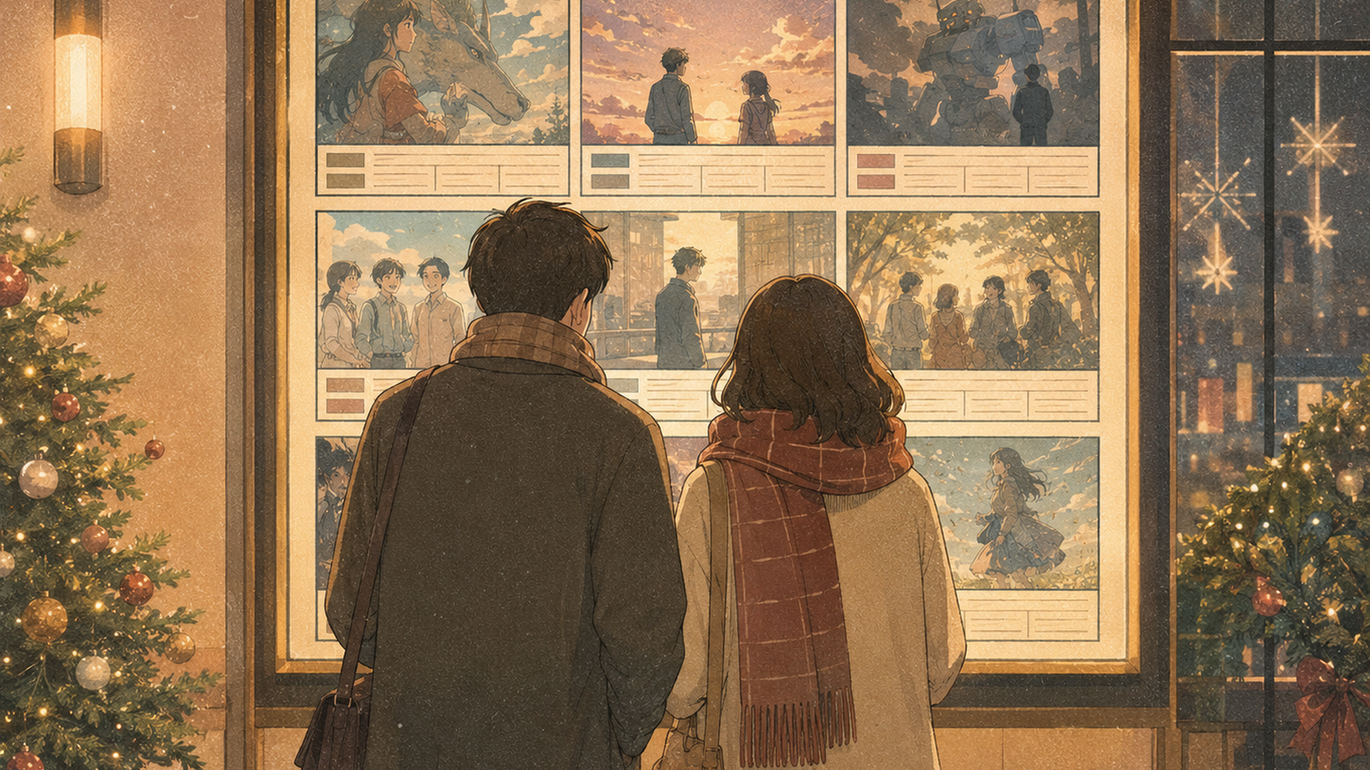 秋の映画館ロビーで2026年後半のホラー映画公開予定を確認する夫婦の後ろ姿
