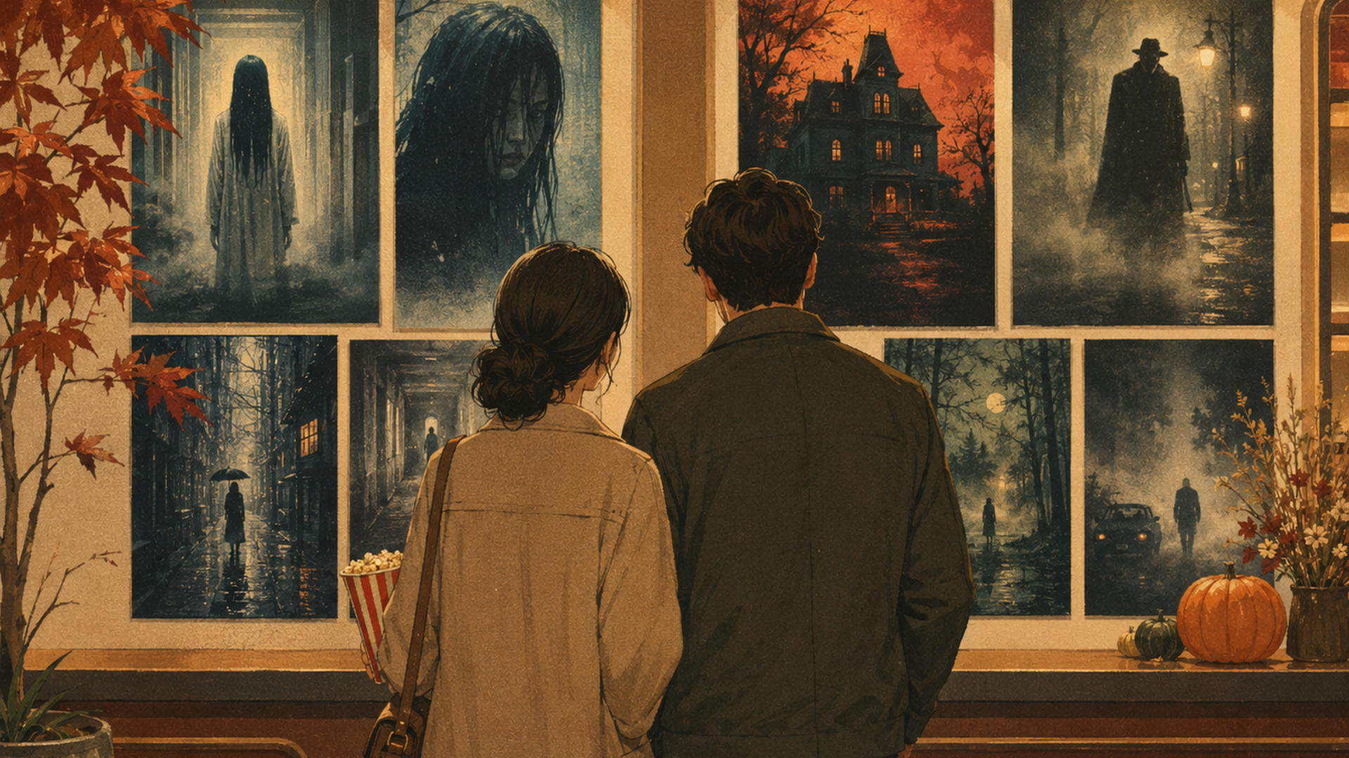 映画館の上映予定を見ながら2026年秋冬の恋愛映画を選ぶ大人の男女の後ろ姿