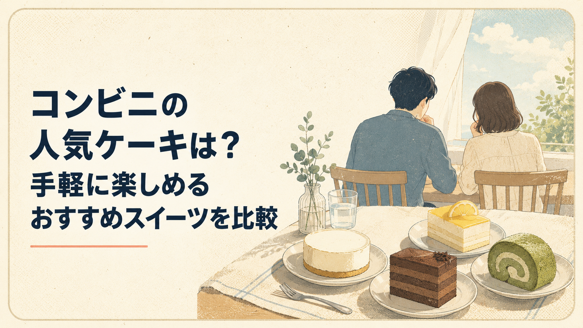 明るい休日の午後、白いチーズケーキやチョコケーキ、抹茶ロール、レモンケーキをテーブルに並べ、大人の男女が後ろ姿で静かに見比べている場面