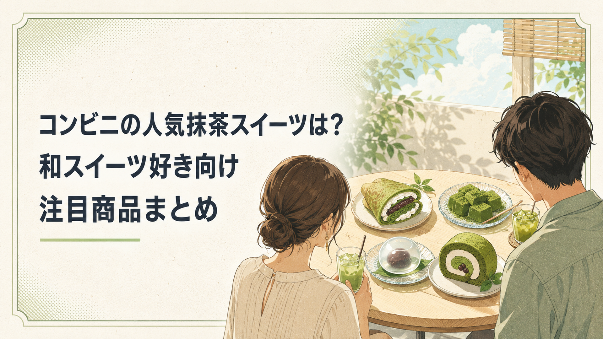 宇治抹茶クレープ、抹茶わらび餅、水まんじゅう、抹茶ロールケーキを小皿に並べ、大人が後ろ姿で静かに見比べている夏のティータイム