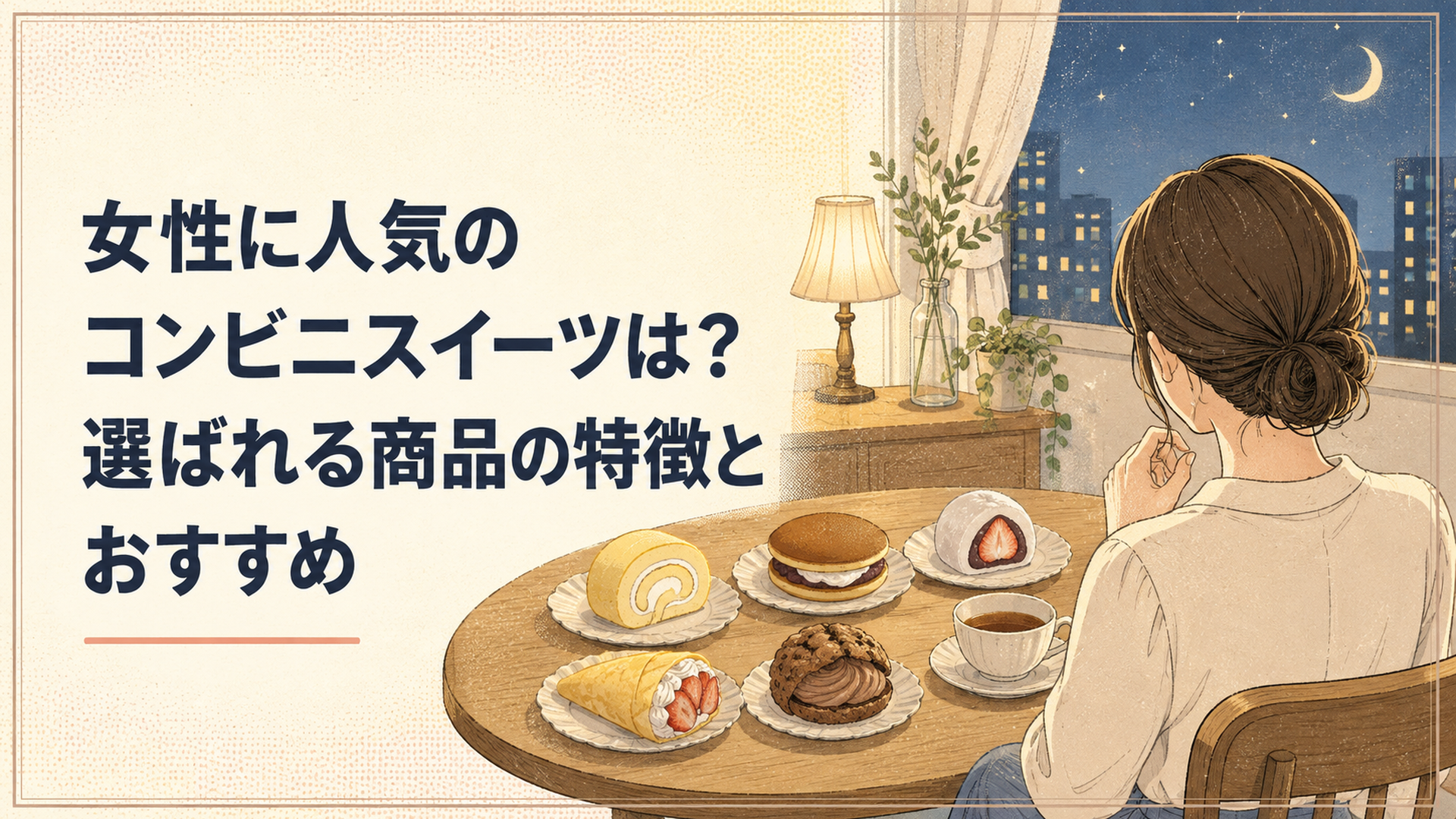 ロールケーキ、どらもっち、大福、クレープ、チョコシューなどのコンビニスイーツをテーブルに並べ、仕事帰りの大人の女性が後ろ姿で楽しそうに選んでいる穏やかな夏の夜