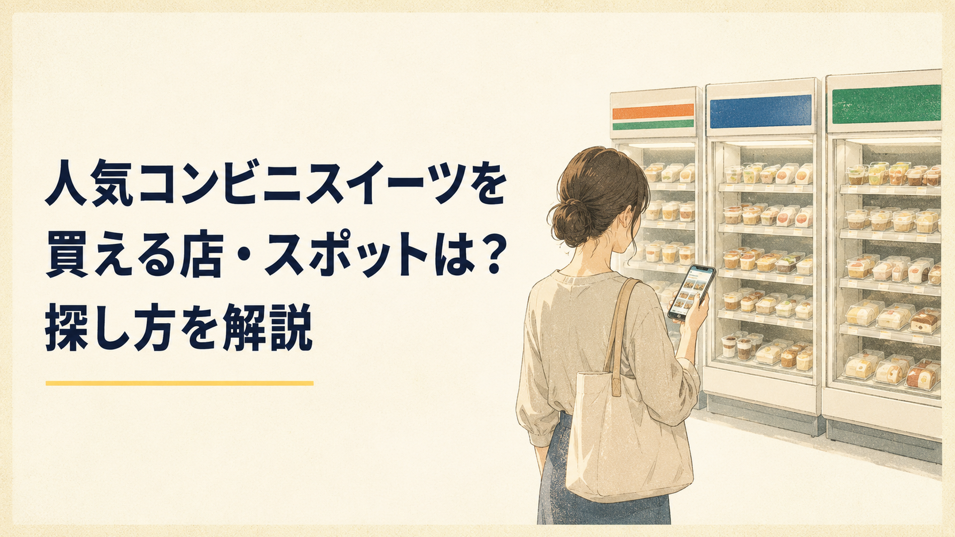 スマートフォンで商品情報を確認しながらセブン・ローソン・ファミマのスイーツ売り場を見比べる大人の買い物客の後ろ姿