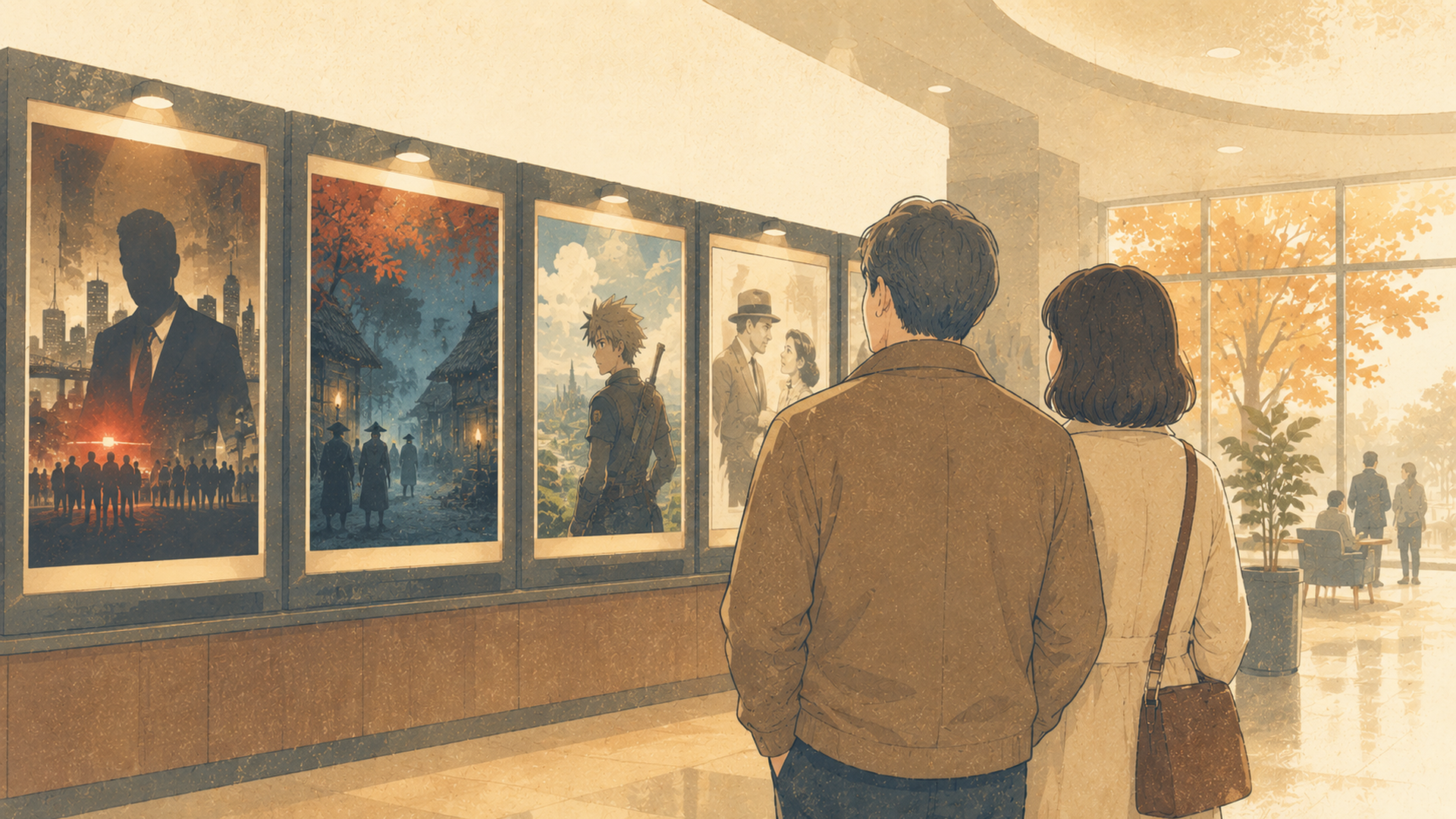 2026年9月から12月の邦画公開予定を映画館の上映案内で確認する観客の後ろ姿