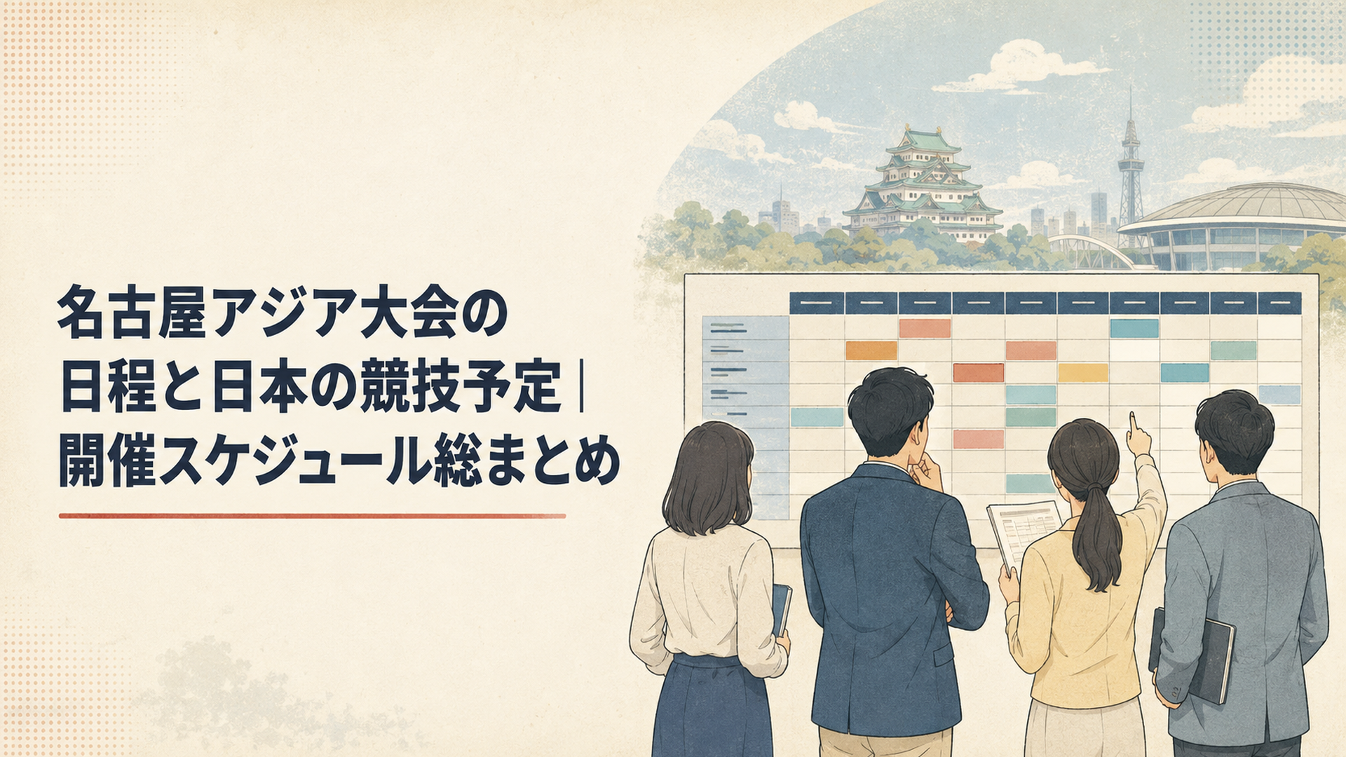 愛知・名古屋2026アジア大会の日程表を見ながら日本代表の競技予定を確認する大人たち
