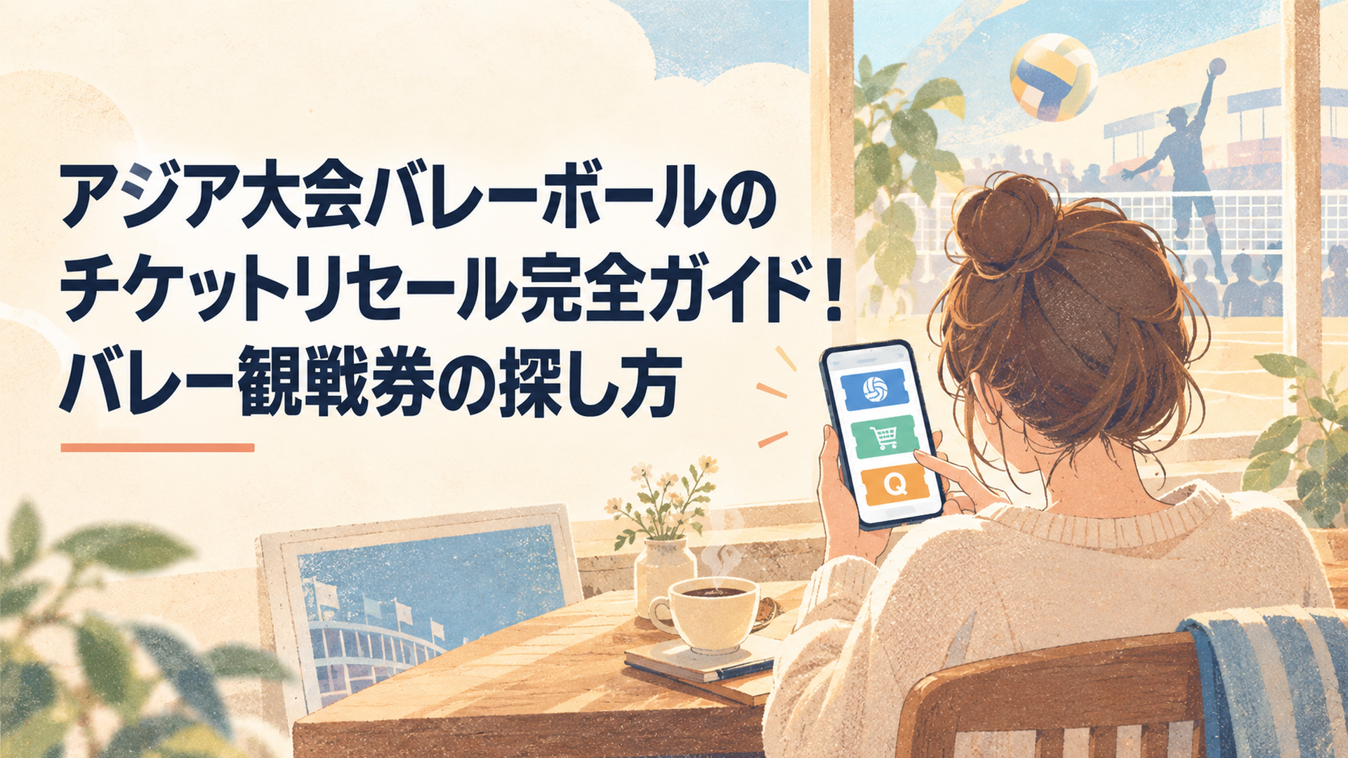 スマートフォンでアジア大会バレーボールの公式リセールと通常販売とAsian Qチケットを確認する観戦希望者