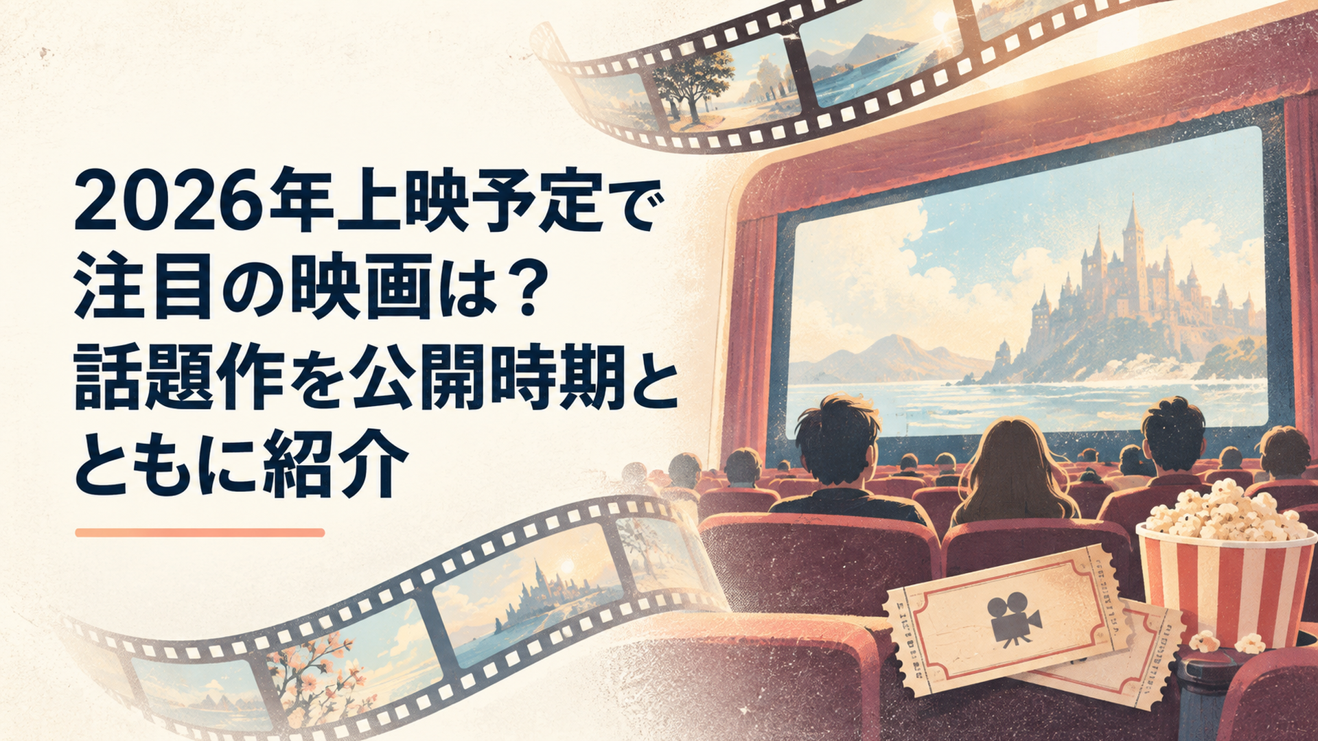 映画館のスクリーンと2026年の注目映画を象徴するフィルムやチケットが並ぶ明るいシネマ風景