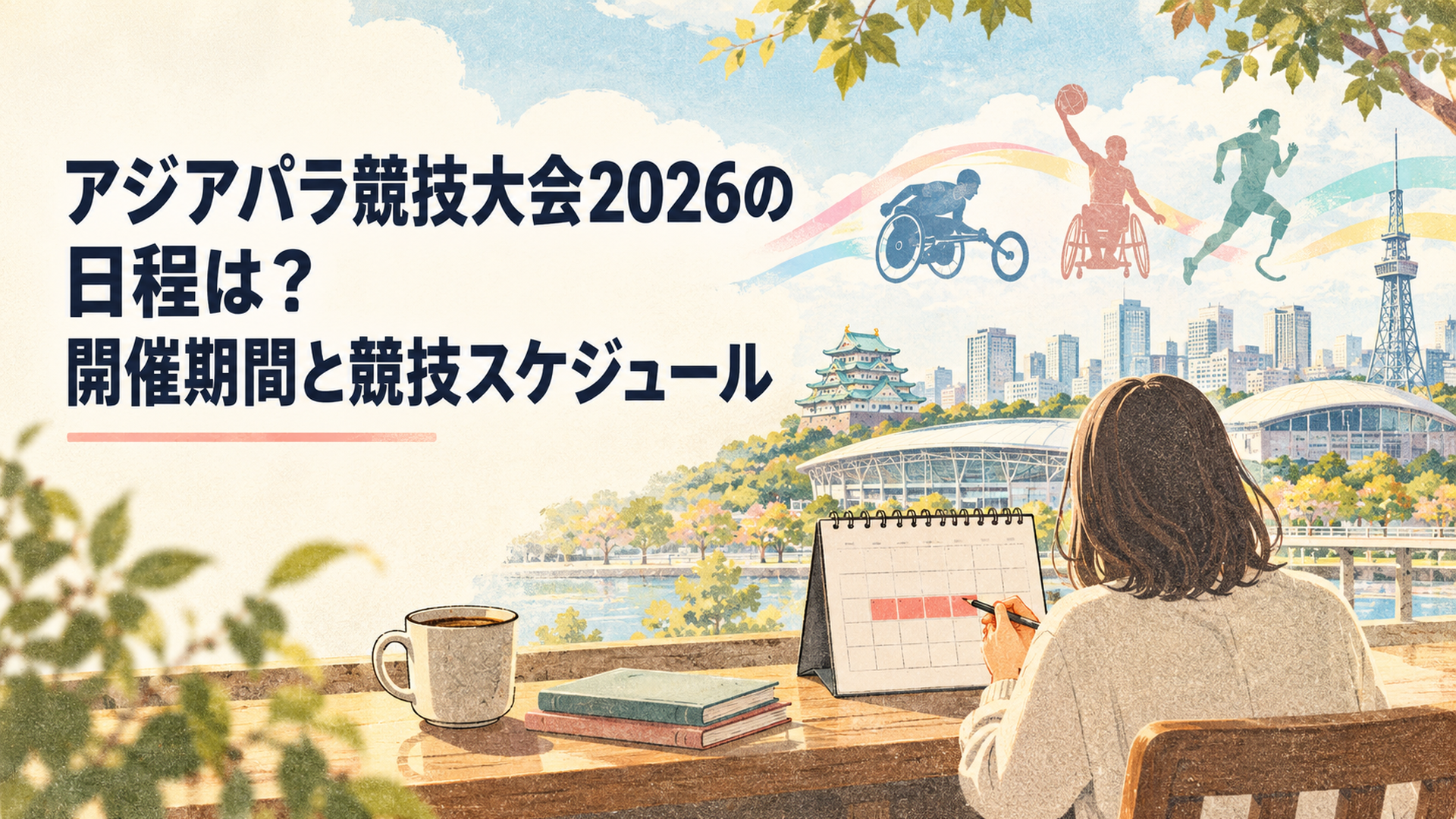 愛知・名古屋の街並みと競技会場を背景に、2026年アジアパラ競技大会の日程をカレンダーで確認する明るいスポーツシーン