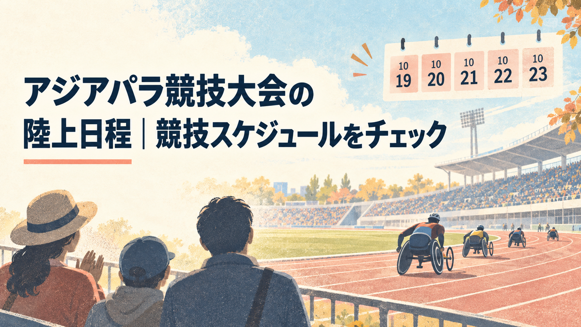 2026年10月の名古屋市瑞穂公園陸上競技場でパラ陸上を観戦する人々と10月19日から23日までの日程をイメージした風景