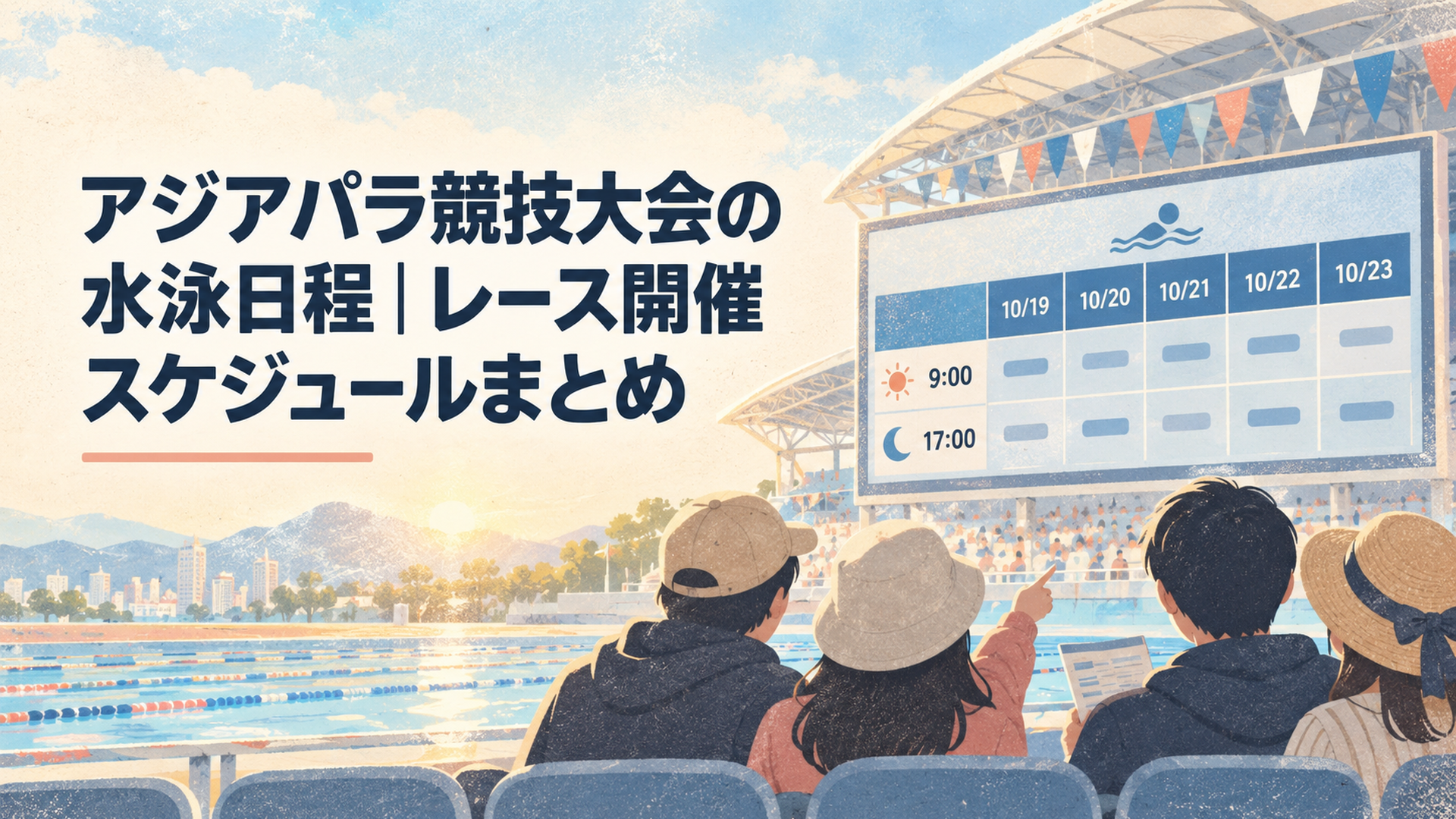 10月19日から23日までのアジアパラ水泳の日程と午前9時・午後5時のセッションを確認する観客のイメージ