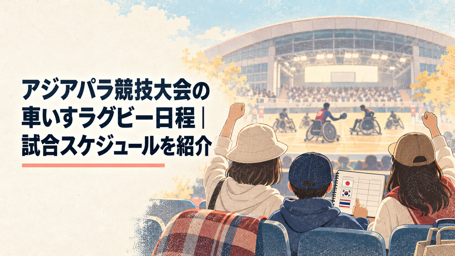 ウィングアリーナ刈谷で日本・韓国・タイの車いすラグビー日程と日本戦を確認しながら観戦を楽しみにする人々の後ろ姿