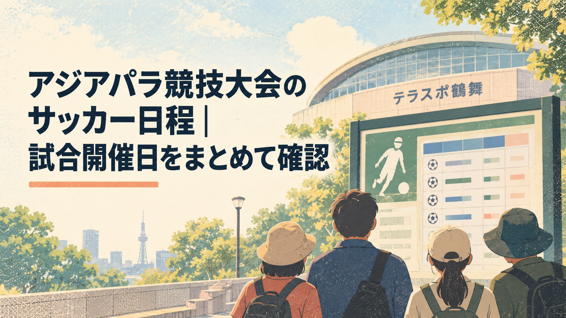 テラスポ鶴舞で開催される愛知・名古屋2026アジアパラのブラインドフットボール日程を確認する観客のイメージ