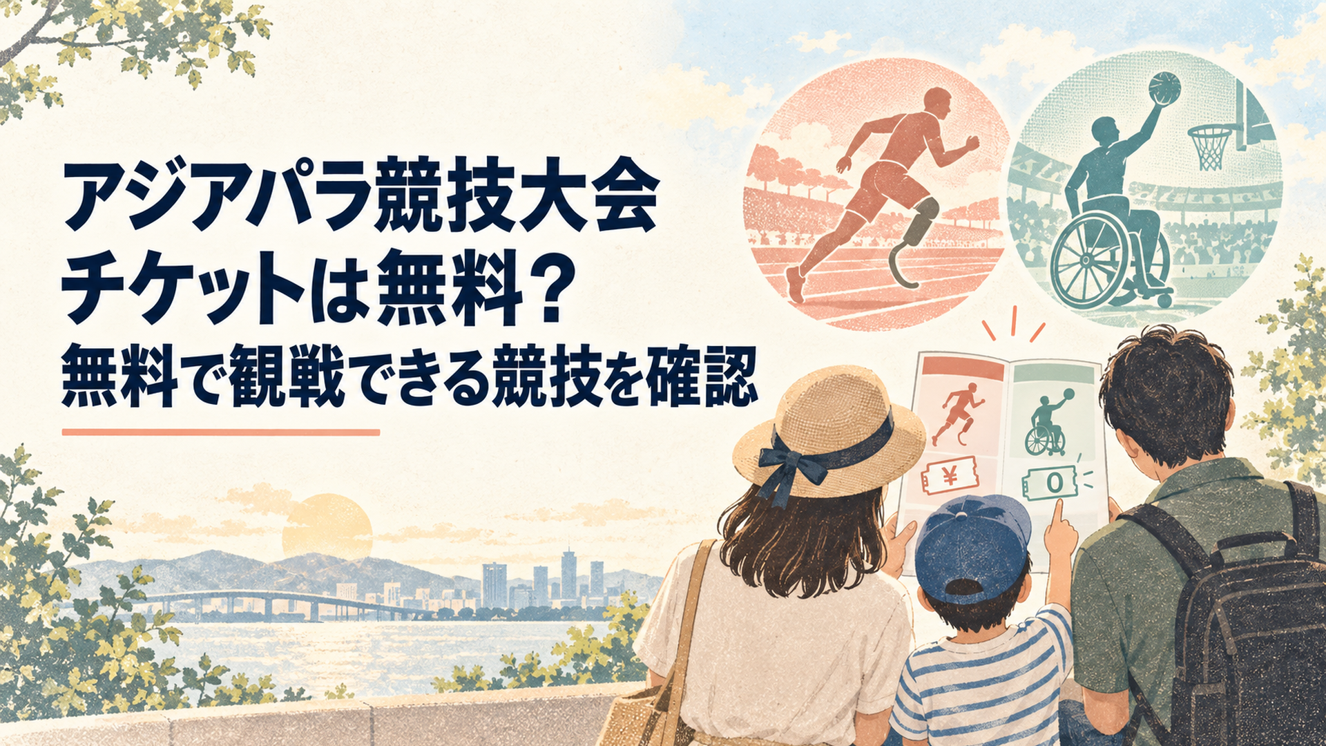 アジアパラ競技大会の有料チケットと無料招待対象のパラ陸上競技と車いすバスケットボールを家族で確認する様子