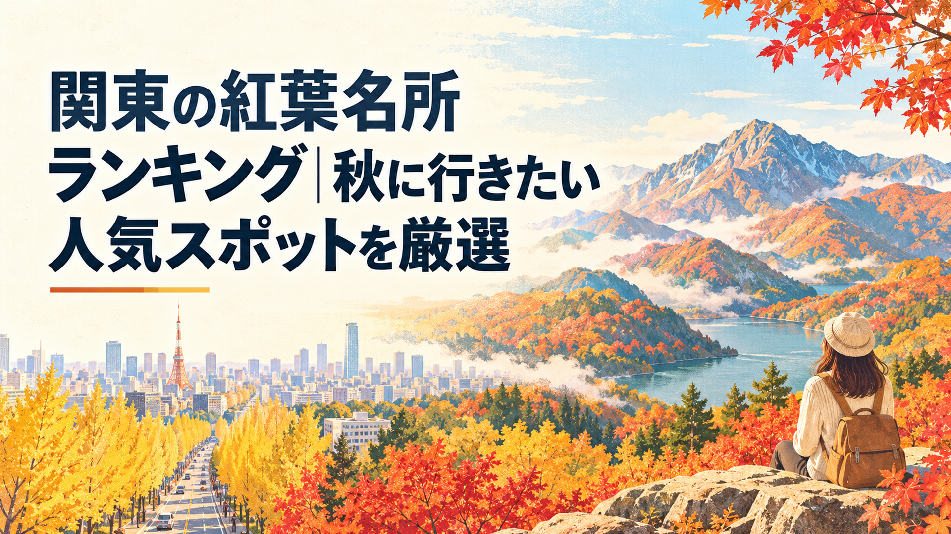 谷川岳や那須の山々から東京の黄金色のイチョウ並木まで関東の秋を表す紅葉風景