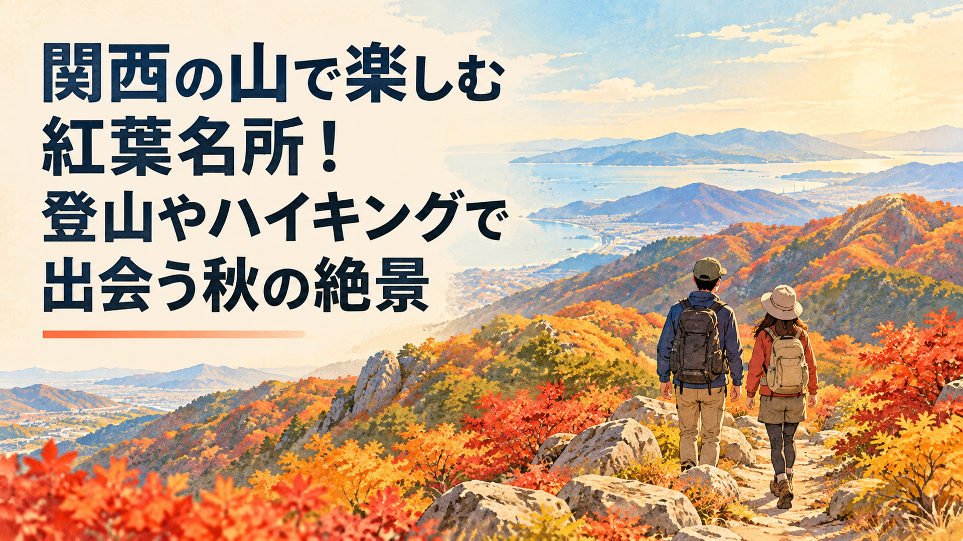 関西の紅葉登山2026をイメージした秋の絶景。赤や黄金色に染まる六甲山や鈴鹿山脈の山並み、穏やかな登山道、遠くまで続く美しい稜線。柔らかな秋の日差しに包まれた温かく懐かしいレトロ水彩イラスト、横長16対9、文字なし