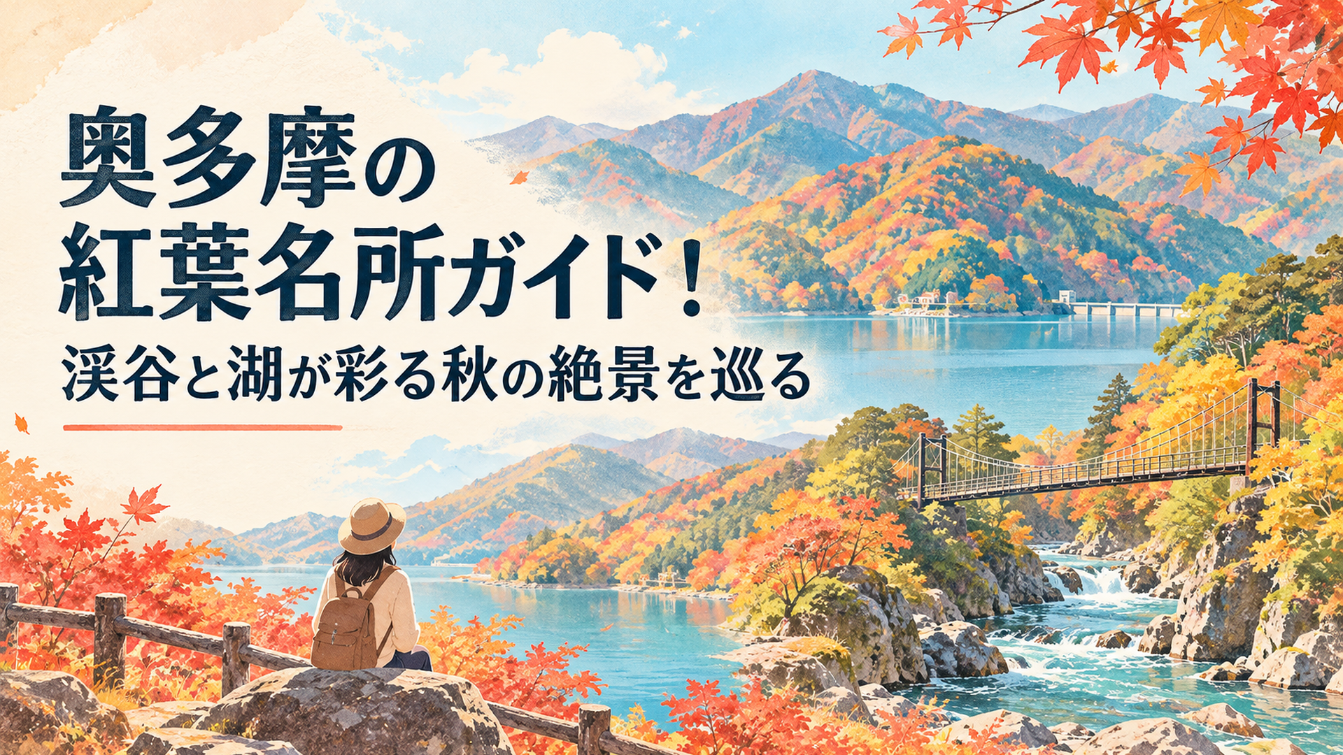 東京都奥多摩の紅葉2026をイメージした横長16対9のレトロ水彩風イラスト。青い奥多摩湖と赤や黄色に染まる山々、鳩ノ巣渓谷の清流と吊り橋を組み合わせた温かな秋景色。淡いパステルカラー、文字なし
