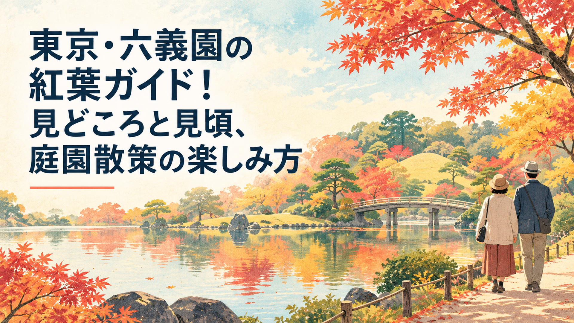 東京・六義園の紅葉2026をイメージした秋の日本庭園。大泉水に赤や黄色のモミジが映り込み、石橋と築山を背景に中高年夫婦が後ろ姿で散策する。明るい淡色のレトロ水彩風、横長16対9、文字なし