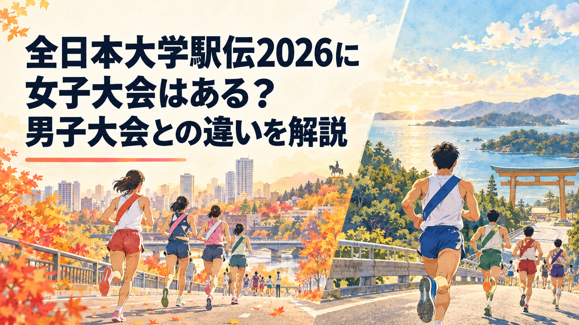 全日本大学駅伝2026の男女の違いを表現した横長16対9のレトロ水彩イラスト。左側に秋の仙台市街を走る女子大学駅伝選手、右側に名古屋から伊勢へ向かう男子大学駅伝選手の後ろ姿。紅葉と柔らかな日差し、明るい背景、文字なし