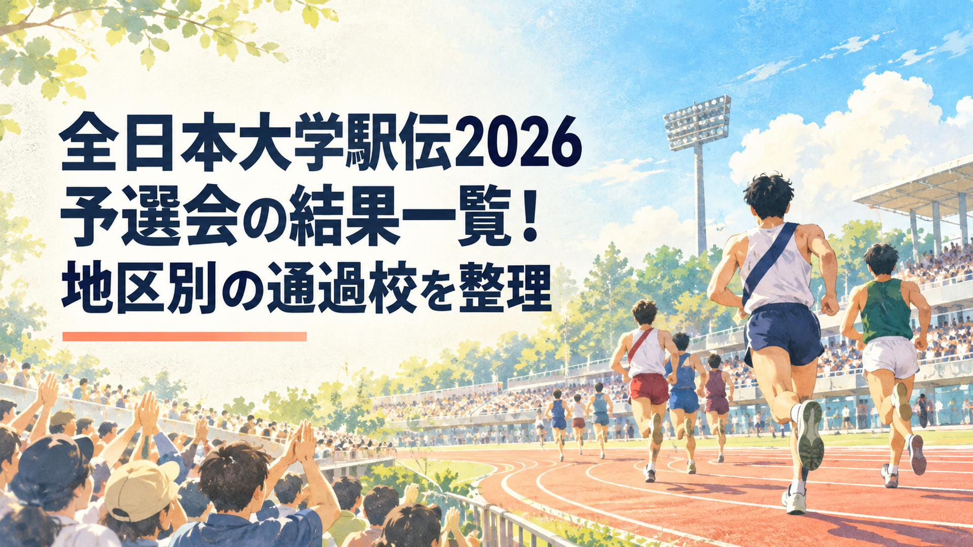 全日本大学駅伝2026関東地区選考会をイメージした初夏の陸上競技場。男子大学生ランナーがトラックを力強く走る後ろ姿、観客席から声援を送る人々、爽やかな青空を描いた横長16対9の温かなレトロ水彩イラスト。文字なし
