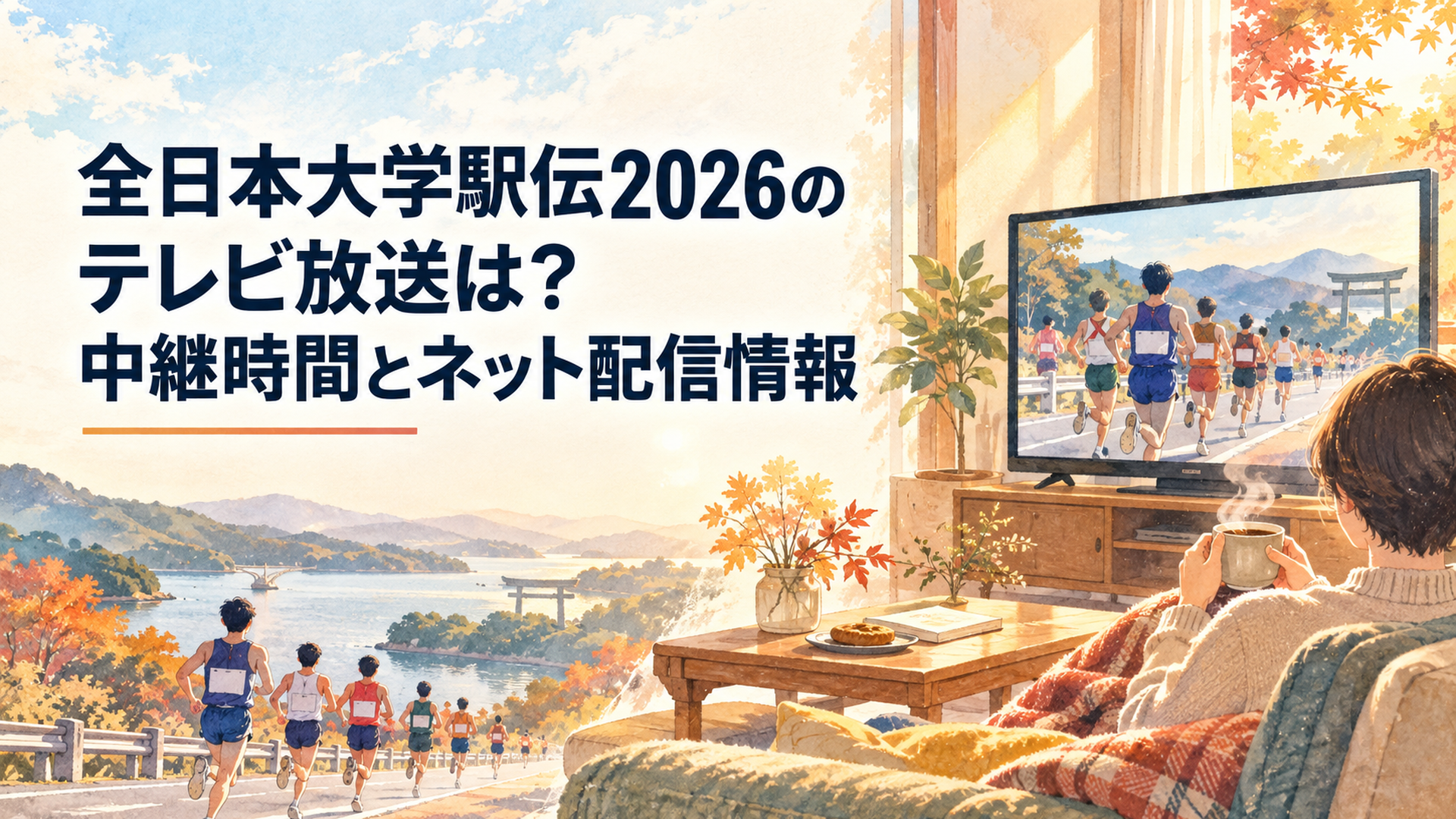 秋の伊勢路を走る大学駅伝ランナーの後ろ姿と、自宅のテレビで駅伝中継を楽しむ休日のリビング。温かなコーヒーと柔らかな朝日を描いた横長16対9のレトロ水彩イラスト。文字なし